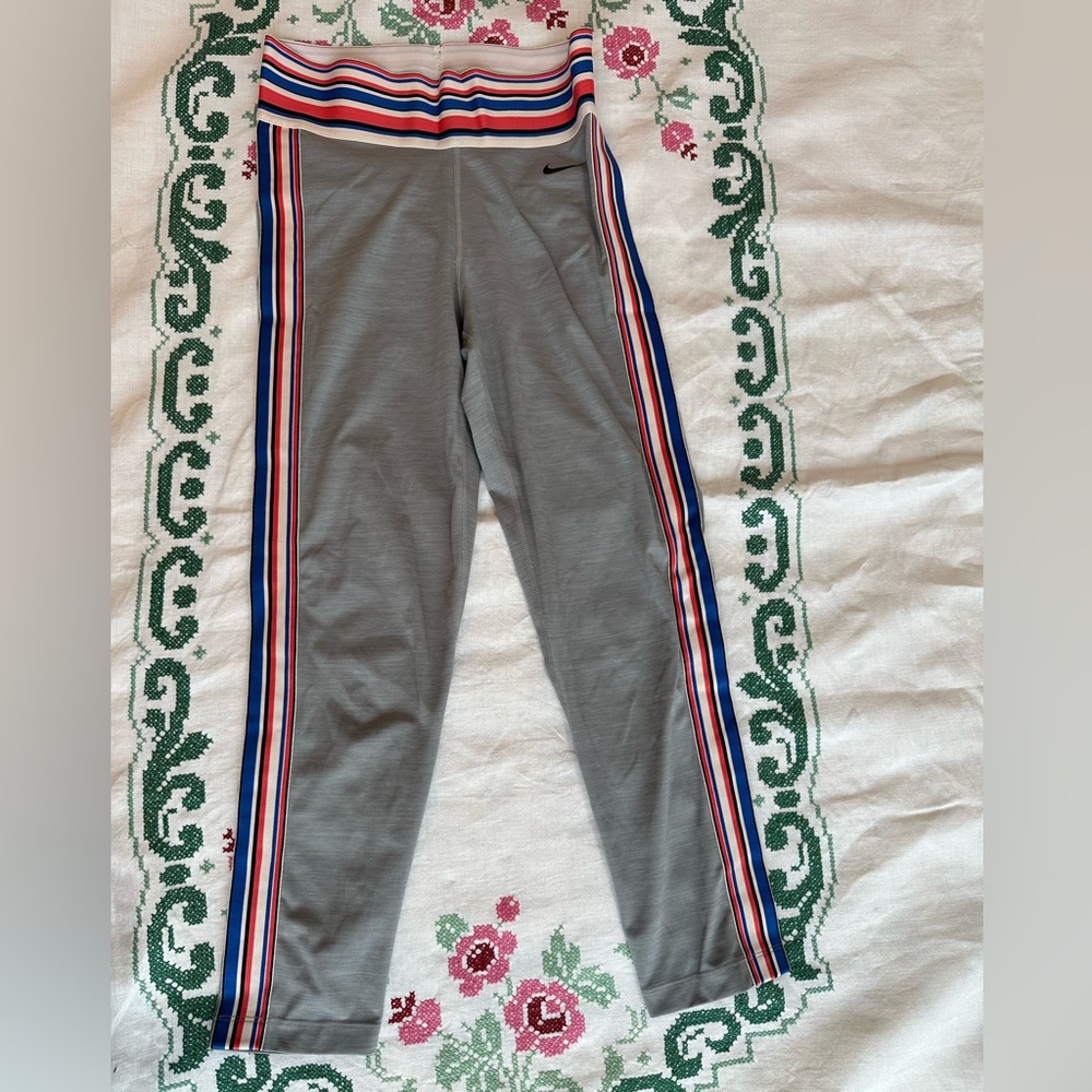 Nike Gray Leggings with Red and Blue Stripes retro style